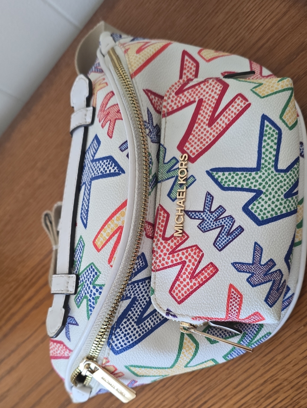 Michael Kors White Multicolor Logo Print Crossbody Bag with Gold Hardware